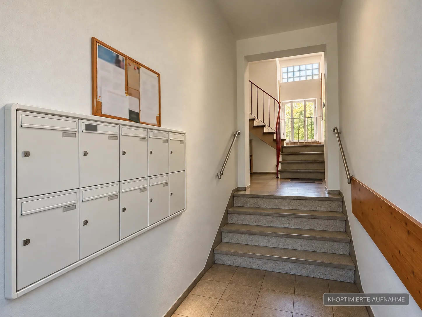 Hauseingang mit Briefkastenanlage und Treppe, Wohnhaus Augsburg Altstadt