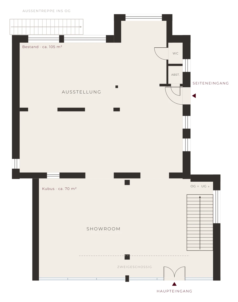 Grundriss Erdgeschoss mit Showroom im Kubus und Ausstellungsfläche, Gewerbefläche Verdistraße Obermenzing