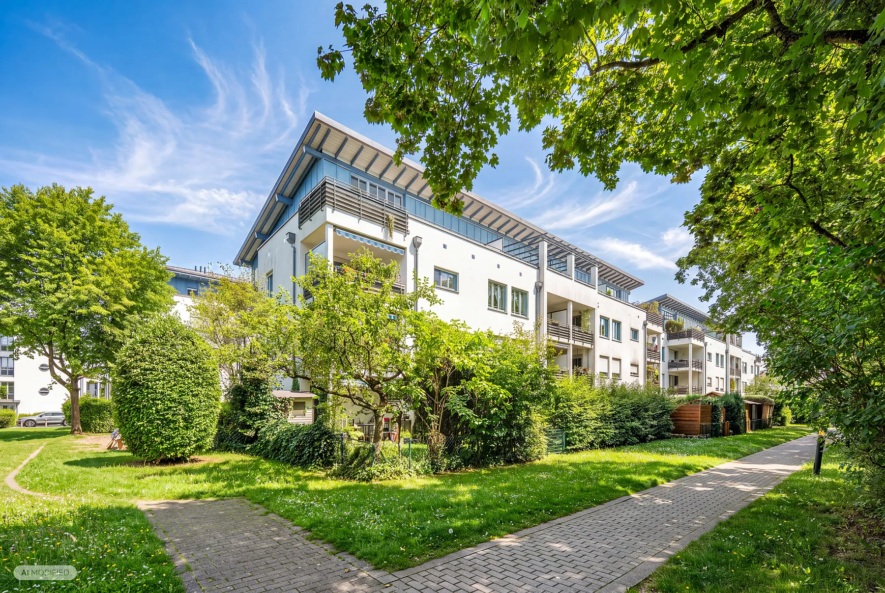 Wohnanlage in Taufkirchen-Bergham von der begrünten Gartenseite