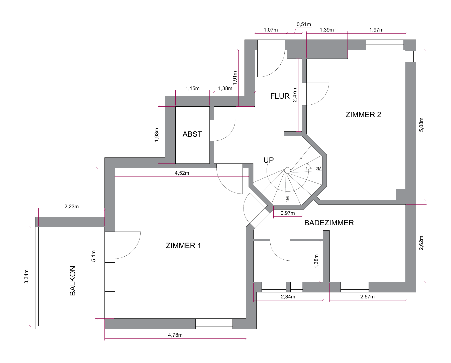 Grundriss 2. Obergeschoss mit Schlafzimmer, Bad, Abstellkammer und Balkon