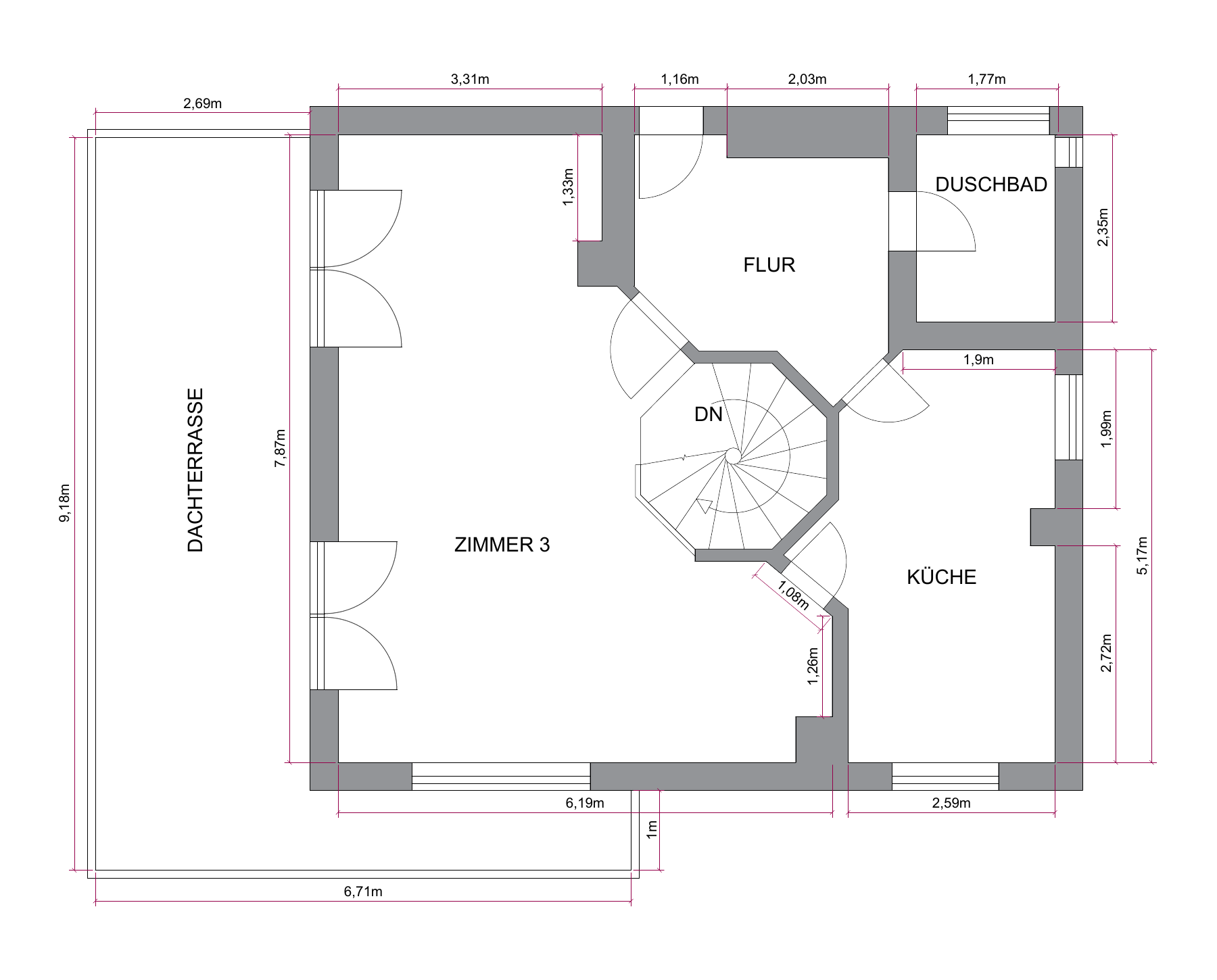 Grundriss Dachgeschoss mit Wohn- und Essbereich, Küche, Duschbad und Dachterrasse