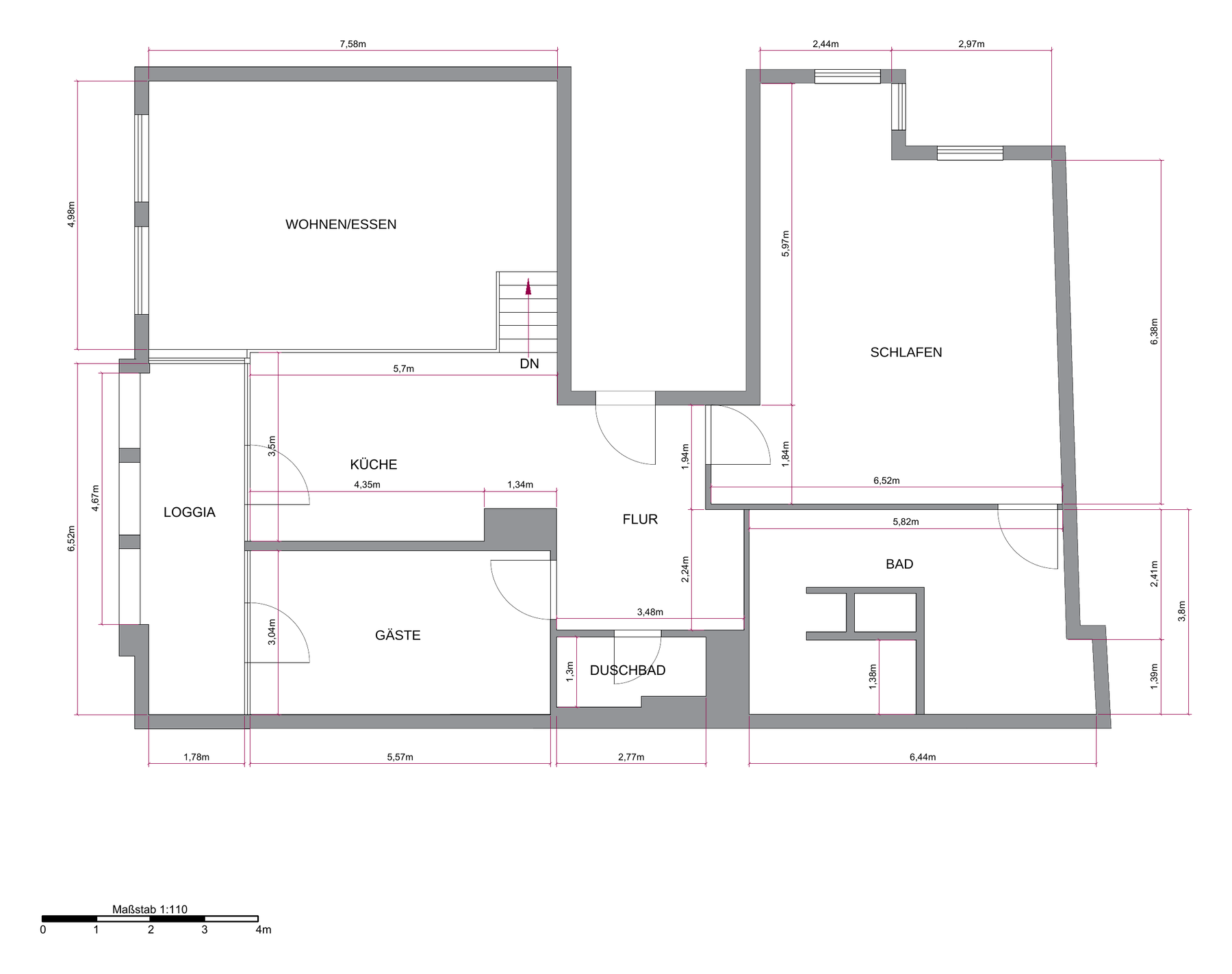 Grundriss der Wohnung, 3 Zimmer im 1. Obergeschoss