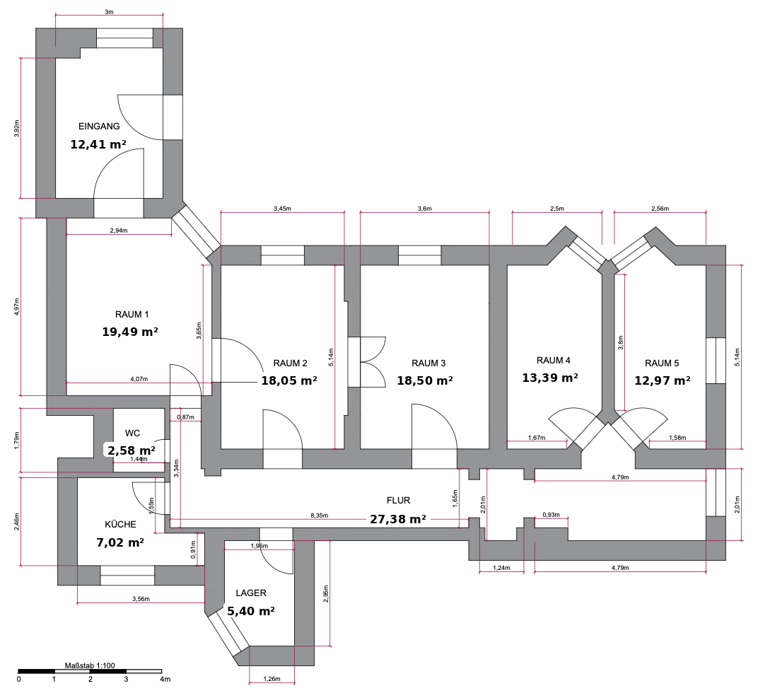 Grundriss der Bürofläche im Souterrain mit Flächenangaben, 6 Zimmer auf ca. 137,19 m²