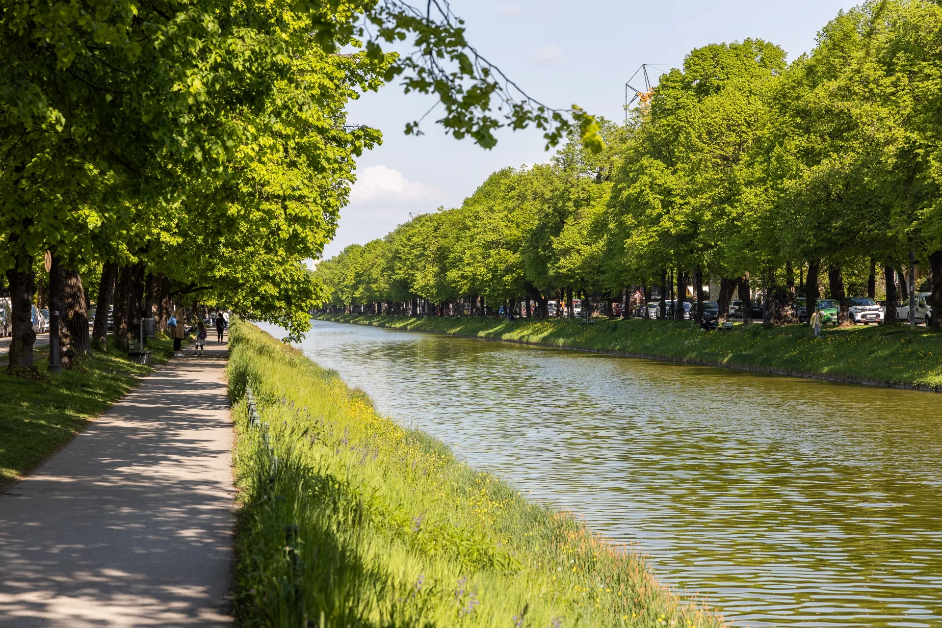 Der Nymphenburger Kanal mit Baumallee auf der Achse zum Schloss